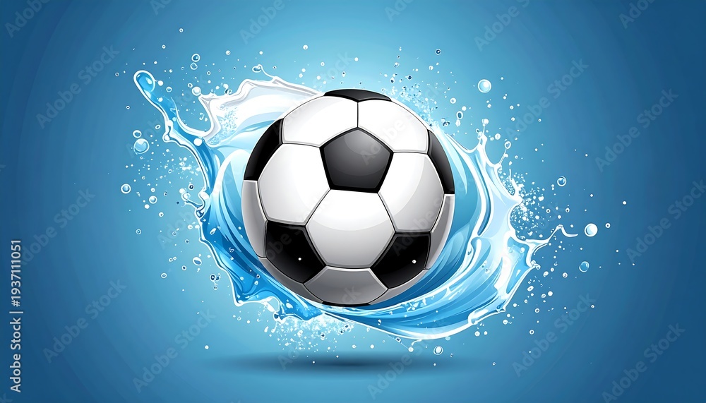 Fototapeta premium A black and white soccer ball is shown with a splash of water on a gradient blue background