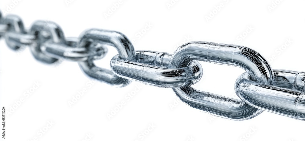 Fototapeta premium Close-up of a metal chain links on a white background, with focus on the central links