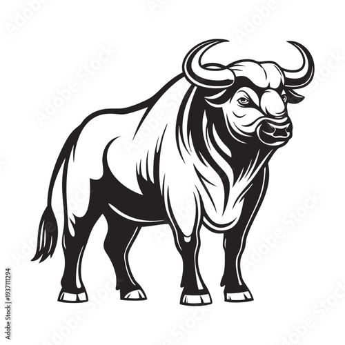 Bold monochromatic bull with curved horns stands firmly on a grassy hill