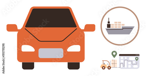 Logistics, supply chain, vehicle shipping, navigation systems, cargo transport, warehouse operations. Orange car with freight visuals including ship, forklifts and map. Logistics and supply chain