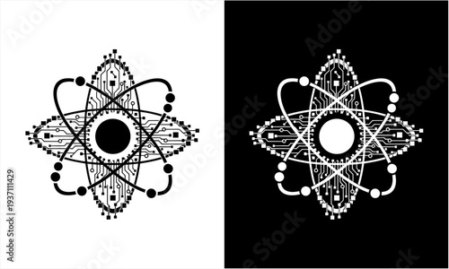 Stylized atom with orbiting electrons and intricate circuit board patterns.