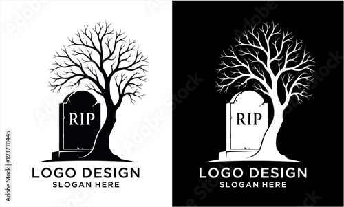 Tree and Gravestone Logo Design Concept with RIP Inscription.