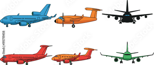 commercial airplane vector set, passenger aircraft illustrations in different views, aviation transport collection, colorful jet planes, isolated airline aircraft design