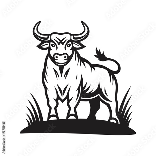 Imposing stylized bull stands powerfully in black and white showing strong musculature and horns
