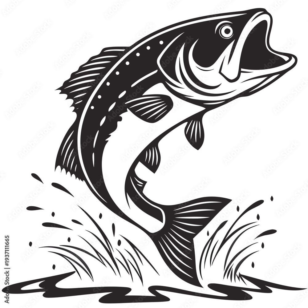 Fototapeta premium Jumping Fish Silhouette Vector Icon for Fishing Tournament and Seafood Restaurant Branding