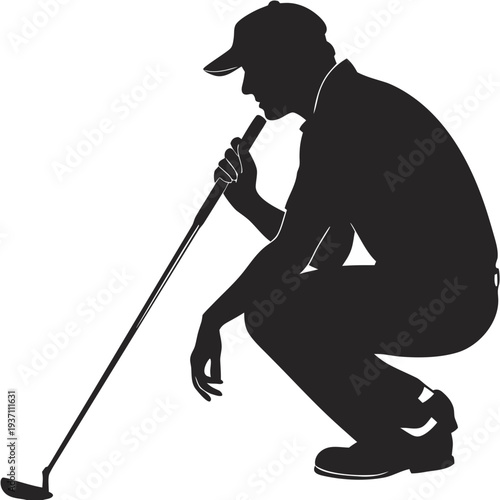 Golfer Silhouette Crouching to Read Green Vector Illustration for Sports and Golfing Branding