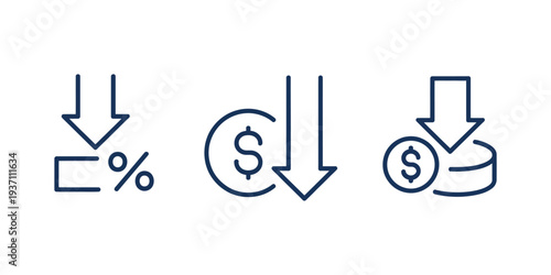 Cost reduction icon, price decrease arrow, vector line illustration representing low cost, money saving, budget optimization, financial strategy