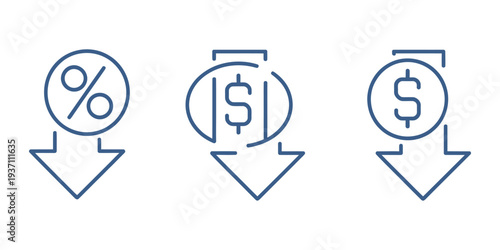 Cost reduction icon, price decrease arrow, vector line illustration representing low cost, money saving, budget optimization, financial strategy