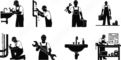 Professional plumber silhouettes repairing leaking pipes and installing sinks with wrenches for home maintenance and construction plumbing service concepts