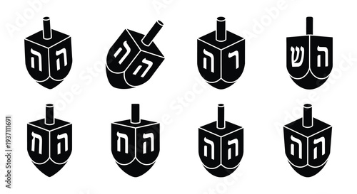 Eight black dreidel icons arranged in a grid representing hanukkah
