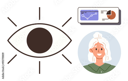 Data analysis, vision, monitoring, user experience, metrics, infographics. Eye symbol with rays, graphical chart interface and smiling woman in green shirt. Analytics and vision concept
