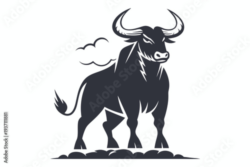 Strong stylized bull stands powerfully, rendered in bold black lines against a white background