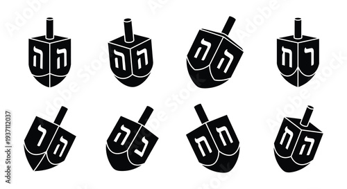 Eight black dreidel icons arranged in a grid representing hanukkah
