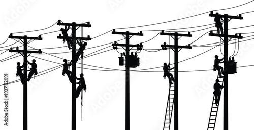 Railway maintenance crew silhouette set featuring construction workers repairing tracks with industrial tools and heavy machinery, isolated vector illustration.