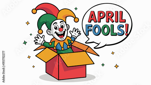 Jester emerges from box with april fools speech bubble colorful confetti and sparkling stars