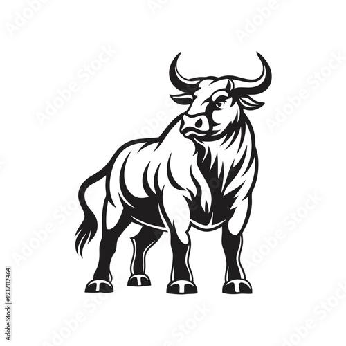 Bull stands menacingly on the grassland in silhouette, presenting its muscular physique and impressive horns