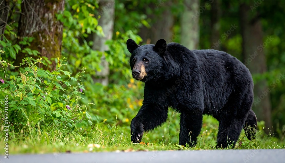 Fototapeta premium A black bear walks on a road edge alongside vibrant green foliage and trees in the background