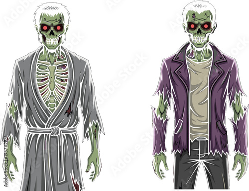 Scary undead zombie characters with exposed rib cages and tattered clothing representing horror themes halloween monsters and apocalypse survival