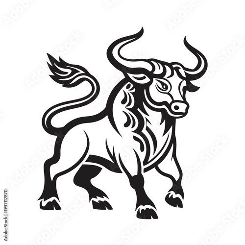 Powerful bull with impressive horns looks forward boldly in striking monochrome illustration