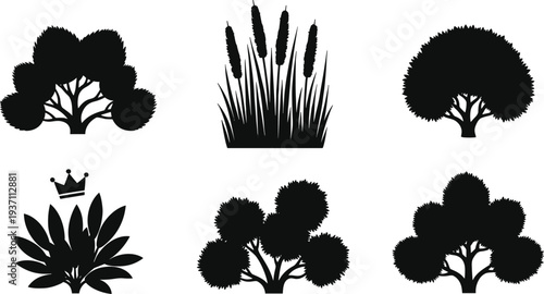 Black tree silhouettes set with garden shrubs bushes cattails and royal crown element isolated on white background for landscape design nature park vector illustrations