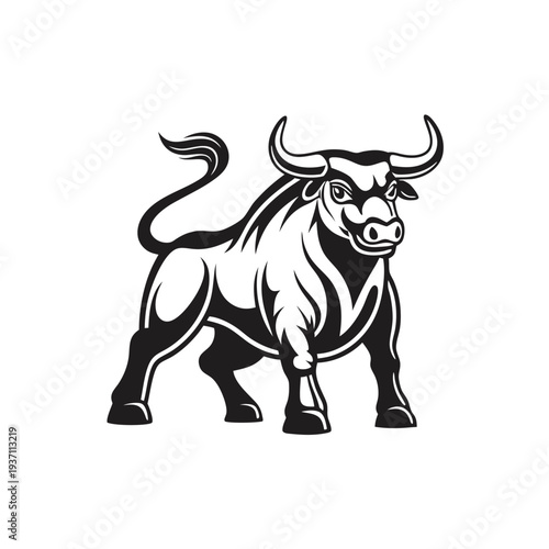 Vectorized bull stands confidently on white background, featuring detailed muscular build and prominent horns