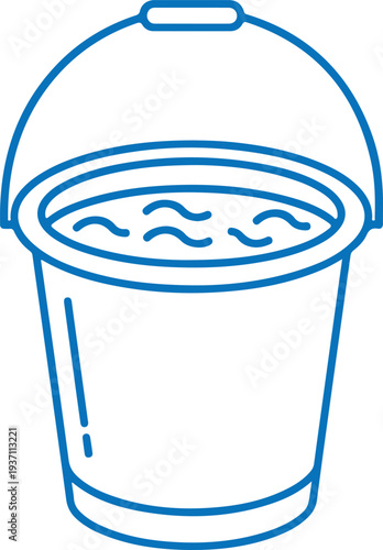 A simple blue line art icon of a bucket filled with water, vector Illustration