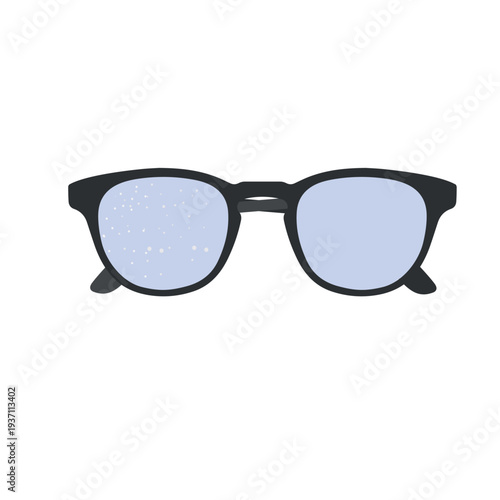 Eyeglasses with dust particles on one lens and clean lens on other showing antistatic coating comparison for improved visibility, marked with check and cross symbols.