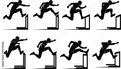 Collection of hurdler athlete silhouettes jumping over hurdles, track and field running race action poses isolated sports vector illustration set