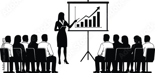 Silhouette of a female professional presenting a rising growth chart to a corporate audience during a business seminar or workshop.