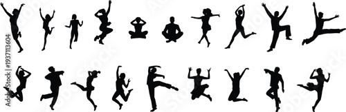 Collection of jumping people silhouettes set, men and women energetic poses isolated, dynamic human figure shadows for celebration, dance, fitness illustration