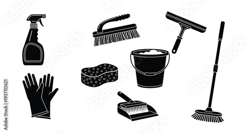 Black silhouettes of various cleaning supplies arranged on a white background