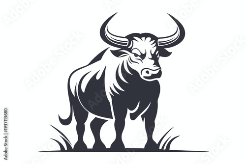Powerful stylized bull stands steadfastly in monochrome, evoking strength and resilience clearly depicted