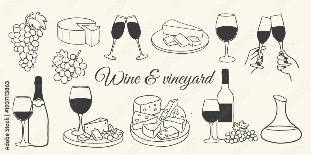 Fototapeta premium Hand drawn wine and vineyard doodle set. Grapes, wine glasses, bottle, cheese plate, champagne toast, decanter and vineyard icons. Vintage line art food and drink. Vector Illustration