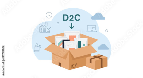 D2C (Direct-to-Consumer) E-commerce Business Model with Product Packages in a Shipping Box, Online Retail & Logistics Concept Vector Illustration