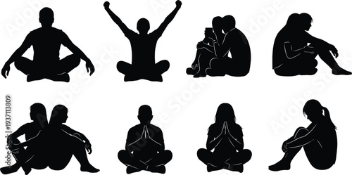 Collection of people sitting silhouettes expressing meditation, happiness, sadness and stress emotions, human body language poses isolated vector illustration set