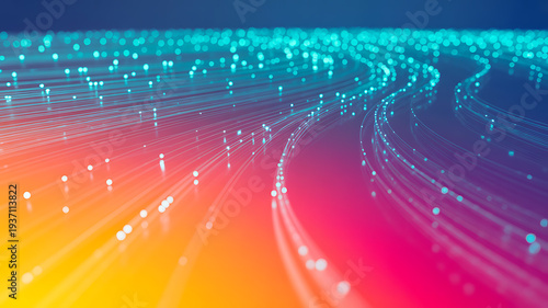 Abstract fiber optic cables glowing with colorful light pulses against vibrant gradient background representing high speed internet data transmission and global telecommunication network systems