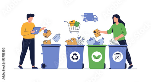 Sustainable E-commerce: People Sorting Waste for Recycling & Eco-Friendly Disposal. Consumer Packaging Management.