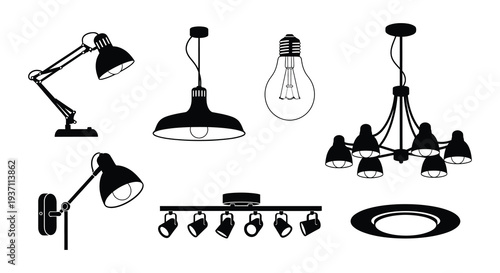 A collection of black and white lamp and lighting fixture illustrations