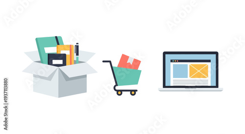 Online Shopping & E-commerce Workflow Icons: Digital Store, Cart, & Delivery Box