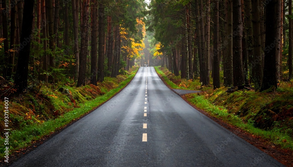 Obraz premium An asphalt road stretches through a dense forest, lined with tall, slender trees, leading towards a brighter, misty horizon