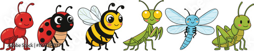 Cute Garden Insects Cartoon Set with Ant Ladybug Bee Praying Mantis Dragonfly and Grasshopper Vector Illustration