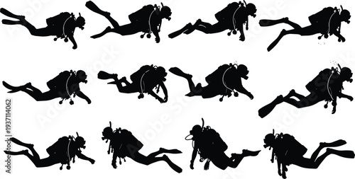 Collection of scuba diver silhouettes swimming underwater with diving equipment, marine exploration poses isolated ocean adventure vector illustration set