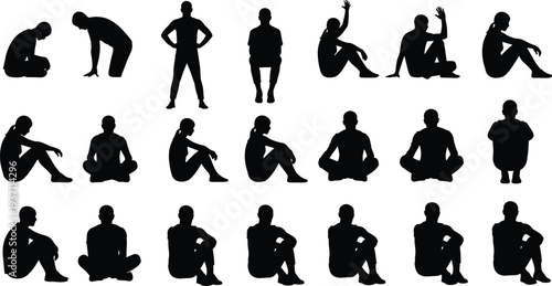 Collection of sitting and crouching people silhouettes, men and women in various seated poses, human body posture reference vector illustration set