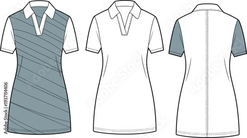 Three views of a short sleeved dress with blue and white diagonal stripes on the left side and solid white on the right side