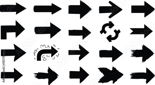 Collection of black arrows pointing right on white background