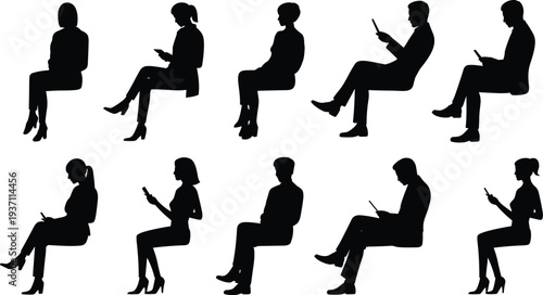 Collection of sitting people silhouettes using smartphones, men and women seated with mobile devices, social media browsing, communication, modern lifestyle vector set
