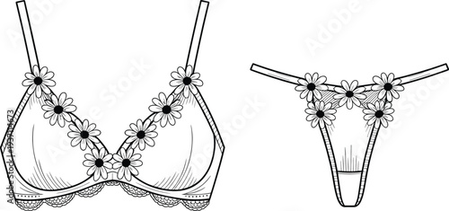 Floral lace women lingerie set hand drawn vector illustration, daisy decorated bra and thong underwear fashion sketch, female intimate apparel line art