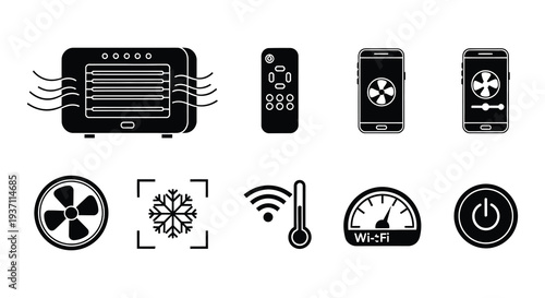 Black and white icons depicting various portable air conditioners and remotes