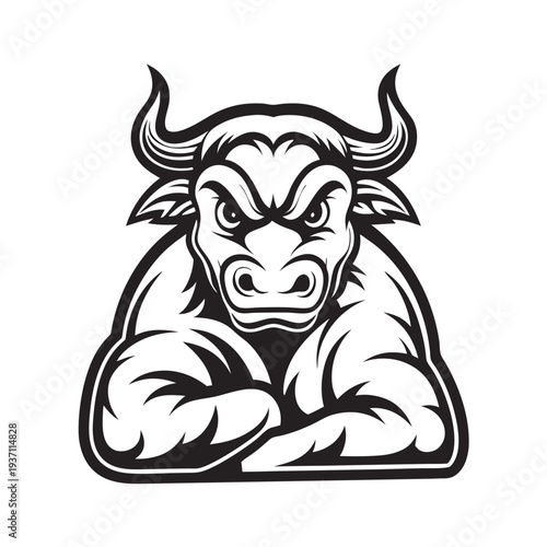 Strong muscular bull with arms crossed displays its powerful and formidable presence