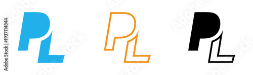 A set of three stylized pl logos in different colors
